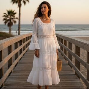 Vintage 90s Spenser Jeremy White Crochet Lace Long Sleeve Tiered Midi Dress Boho